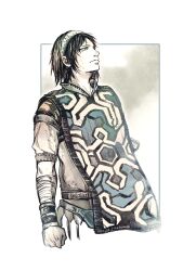  1boy aoharuto black_hair expressionless hairband highres looking_up male_focus shadow_of_the_colossus solo tabard wander_(shadow_of_the_colossus) 