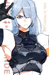  1girl ak-15_(girls&#039;_frontline) arm_up breasts character_name commentary copyright_name english_commentary girls&#039;_frontline grey_hair highres long_hair looking_at_viewer purple_eyes red_pupils simple_background solo umariellum upper_body white_background 