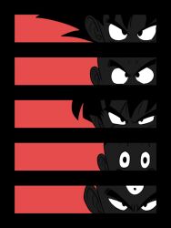  5boys black_border black_eyes border chankop chaozu commentary_request dragon_ball dragonball_z eye_focus eyed_silhouette highres kuririn looking_at_viewer male_focus multiple_boys red_background silhouette son_goku spiked_hair tenshinhan triclops yamcha 