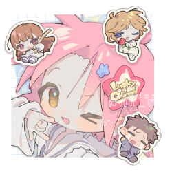  2boys 2girls \m/ artist_name black_neckerchief blonde_hair blush bokken brown_hair character_cutout chibi closed_eyes flower gakuran gotou_yuuko gottouza grid_background happy kogami_akira long_hair lucky_channel lucky_star multiple_boys multiple_girls neckerchief one_eye_closed ono_daisuke pink_hair rose sailor_collar school_uniform shiraishi_minoru shoes short_hair star_(symbol) sword tendoshi tuxedo weapon white_background white_sailor_collar white_shoes wooden_sword 