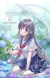  1girl black_hair blue_hair blue_sailor_collar blue_skirt blush bow bra breasts collarbone flower highres holding holding_umbrella large_breasts long_hair looking_at_viewer neckerchief open_mouth original partially_submerged pleated_skirt purple_eyes rain red_neckerchief red_ribbon ribbon sailor_collar sakura_moyon school_uniform see-through_clothes shirt short_sleeves skirt smile solo umbrella underwear water water_drop wet white_shirt 