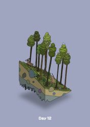 bat_(animal) bird boulder chasing commentary_request deer diorama gozz highres hill holding holding_stick hunting isometric moss original running stick tree rating:General score:2 user:danbooru