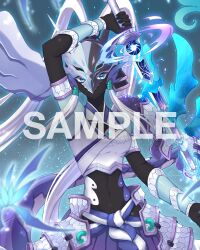 1girl armor armored_skirt artist_name artist_request asymmetrical_armor asymmetrical_clothes black_bodysuit blue_eyes blue_hair_ribbon bodysuit breasts cleavage commission covered_eyes crop_top dragon_girl dragon_tail female_focus hair_ribbon hair_tubes helmet helmet_over_eyes looking_at_viewer medium_breasts navel over_shoulder purple_skirt ribbon sample_watermark sidelocks skeb_commission skirt solo solo_focus sword swordsoul_(yu-gi-oh!) swordsoul_of_mo_ye tail watermark weapon weapon_over_shoulder white_hair yu-gi-oh!