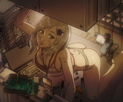  1girl ass breasts downblouse female_focus highres metal_gear_(series) metal_gear_rising:_revengeance nipples no_bra no_pants panties recording reptileye rose_hair_ornament solo sunny_emmerich underwear 