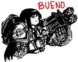 :p adeptus_astartes akemi_homura black_hair bolter crossover heresy highres invader_(artist) mahou_shoujo_madoka_magica multi-melta simple_background solo spanish tongue tongue_out warhammer_40k weapon rating:Sensitive score:8 user:danbooru