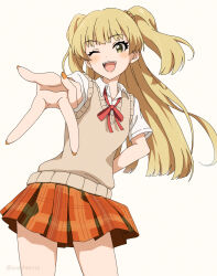 1girl arm_behind_back blonde_hair blush commentary_request green_eyes highres idolmaster idolmaster_cinderella_girls jougasaki_rika long_hair looking_at_viewer one_eye_closed open_mouth orange_nails orange_skirt outstretched_hand plaid_clothes plaid_skirt pleated_skirt red_ribbon ribbon shirt short_sleeves simple_background skirt smile solo sweater_vest twitter_username two_side_up v white_background white_shirt yuyohe rating:General score:4 user:danbooru
