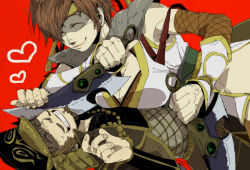 anger_vein arms_up blade_to_throat breasts brown_hair cleavage closed_eyes dagger detached_sleeves facial_hair fishnet_sleeves fishnets goatee grin headband heart helmet hip_vent husband_and_wife japanese_clothes kanzyuku kimono knife large_breasts lips lying lying_on_person nene nene_(sengoku_musou) obi on_back sash sengoku_musou side_slit smile toyotomi_hideyoshi weapon