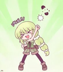  &gt;_&lt; 1girl 216 :d bare_shoulders black_pantyhose chibi full_body green_hair long_hair multi-tied_hair open_mouth pantyhose pantyhose_under_shorts ponytail saga saga_frontier_2 shorts smile solo very_long_hair virginia_knights xd 
