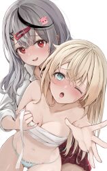  2girls :o absurdres aqua_eyes armpit_crease assertive_female black_choker black_hair blonde_hair blush bow bow_panties breasts choker cleavage collarbone collared_shirt commentary_request cowboy_shot crossed_bangs double-parted_bangs earclip fang fingernails ghost_hair_ornament gluteal_fold grey_hair hair_between_eyes hair_ornament hair_over_shoulder heart heart_choker highres hololive kazama_iroha large_breasts long_bangs long_hair long_sleeves looking_at_viewer multicolored_hair multiple_girls nail_polish navel no_pants no_shirt nose_blush open_mouth outstretched_arm palms panties parted_lips plaid_clothes plaid_skirt pleated_skirt raised_inner_eyebrows reaching reaching_towards_viewer red_eyes red_nails red_skirt sakamata_chloe sarashi shirt simple_background skirt smile stomach straight_hair streaked_hair thigh_gap tonton_utaro triangle_hair_ornament underwear undressing_another virtual_youtuber wavy_hair white_background white_panties white_shirt x_hair_ornament yuri 