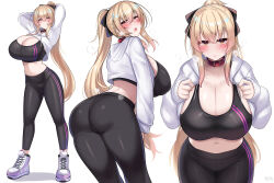  1girl arms_up ass black_sports_bra blonde_hair blush breasts cleavage collar commentary_request cropped_jacket from_behind hair_between_eyes highres huge_breasts jacket kubiwa_(kutan) kutan long_hair looking_at_viewer multiple_views navel open_clothes open_jacket original pants partial_commentary ponytail red_collar red_eyes sports_bra sportswear white_background yoga_pants 