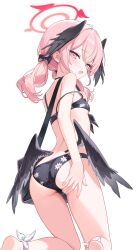  1girl :o absurdres ass bikini black_bag black_bikini black_bow black_wings blue_archive blush bow breasts feathered_wings floral_print hair_bow halo head_wings highres kitano_yukito kneeling koharu_(blue_archive) koharu_(swimsuit)_(blue_archive) loli looking_at_viewer looking_back median_furrow official_alternate_costume pink_eyes pink_hair small_breasts solo swimsuit twintails wings 