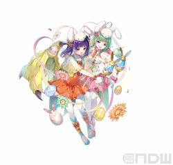2girls absurdres alternate_costume animal_ears animal_hat ankle_lace-up blue_footwear blue_legwear blunt_bangs bow bow_legwear braid capelet carrot_necklace coattails collarbone cross-laced_clothes cross-laced_legwear dragon_girl dragon_wings dragonstone dress easter_egg egg fake_animal_ears fighting_stance fire_emblem fire_emblem:_the_sacred_stones fire_emblem_awakening fire_emblem_heroes flat_chest floral_print flower gloves glowing green_hair green_wings hair_flower hair_ornament hair_tie hat high-waist_skirt high_heels highres holding holding_wand jewelry lapels long_hair magic magical_girl miniskirt miwabe_sakura multi-tied_hair multicolored_legwear multiple_girls myrrh_(fire_emblem) nah_(fire_emblem) necklace nintendo official_alternate_costume official_art orange_bow orange_dress pale_skin pantyhose petals pink_scarf pink_skirt pointy_ears polka_dot purple_eyes purple_hair rabbit_ears rabbit_hat red_eyes ribbon scarf see-through_clothes short_dress skirt sleeveless sunflower twin_braids twintails vest wand white_gloves white_pantyhose wings yellow_vest yellow_wings rating:General score:2 user:PokaraNoOobabasama