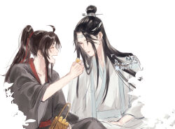  1010923 2boys absurdres ahoge basket black_hair black_hanfu blue_sash chinese_clothes closed_eyes feeding food fruit fruit_basket hair_ribbon hanfu headband high_ponytail highres holding holding_basket holding_food holding_fruit lan_wangji leaf long_hair long_sleeves looking_at_another loquat male_focus modao_zushi multiple_boys open_mouth parted_lips plant ponytail red_ribbon red_sash ribbon robe sash sidelocks simple_background sitting smile topknot twitter_username watermark wei_wuxian white_background white_hanfu white_headband wide_sleeves xiao_guan_(headdress) yaoi 