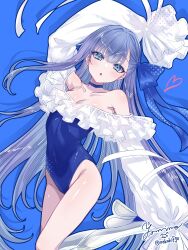  1girl bare_shoulders blue_eyes blue_ribbon blush breasts choker collarbone fate/grand_order fate_(series) frills hair_ribbon highleg highleg_one-piece_swimsuit highres long_hair long_sleeves looking_at_viewer meltryllis meltryllis_(fate) meltryllis_(swimsuit_lancer)_(fate) meltryllis_(swimsuit_lancer)_(second_ascension)_(fate) off-shoulder_one-piece_swimsuit off_shoulder one-piece_swimsuit open_mouth prosthesis prosthetic_leg puffy_sleeves purple_hair ribbon sleeves_past_fingers sleeves_past_wrists small_breasts solo swimsuit thighs very_long_hair white_ribbon yamuimo 