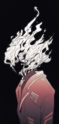  1other black_background black_shirt coat collared_shirt dante_(limbus_company) fire flaming_head highres limbus_company long_sleeves looking_at_viewer necktie project_moon red_coat shirt simple_background solo star_(symbol) tama_launcher upper_body 