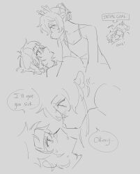  1girl 1other absurdres antlers camisole commentary deer_antlers deer_girl deltarune english_text furry furry_female goomyloid greyscale hair_bun highres horns imminent_kiss kiss kissing_forehead kris_(deltarune) lying monochrome noelle_holiday on_back other_with_female parted_lips sick sketch symbol-only_commentary towel towel_on_head under_covers 
