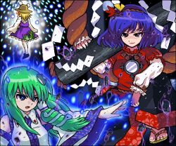  3girls blue_aura danmaku detached_sleeves facing_away floating_rock frog frog_hair_ornament glowing green_hair hair_ornament hair_tubes johnnie kochiya_sanae layered_sleeves leaf_hair_ornament long_sleeves looking_to_the_side mirror moriya_suwako mountain_of_faith multiple_girls nontraditional_miko onbashira outline purple_hair purple_skirt rope shimenawa short_over_long_sleeves short_sleeves single_hair_tube sitting skirt skirt_set snake snake_hair_ornament touhou white_outline wide_sleeves yasaka_kanako 