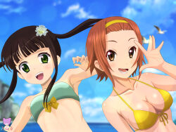  2girls absurdres artist_name bare_shoulders bikini bird black_hair blue_sky blurry blurry_background breasts brown_eyes brown_hair cleavage closed_mouth collarbone crossover day flower gochuumon_wa_usagi_desu_ka? green_bikini green_eyes hair_flower hair_ornament headband highres k-on! long_hair looking_at_viewer medium_breasts medium_hair multiple_girls nyahoekaki1 ocean outdoors satou_satomi sky small_breasts smile swimsuit tainaka_ritsu ujimatsu_chiya voice_actor_connection water yellow_bikini 