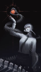  1girl :3 absurdres arm_at_side arm_up artist_name black_background black_eyes black_necktie black_pants blunt_bangs braid braided_ponytail chainsaw_man closed_mouth collared_shirt cowboy_shot demon_girl fangs flower formal_clothes greyscale hair_flower hair_ornament head_tilt high-waist_pants highres light_rays long_hair long_sidelocks long_sleeves looking_at_another looking_up makima_(chainsaw_man) monochrome necktie office_lady open_mouth pants partially_colored pochita_(chainsaw_man) ringed_eyes shirt shirt_tucked_in sidelocks simple_background single_braid smile snake squidsmith white_shirt yellow_eyes 