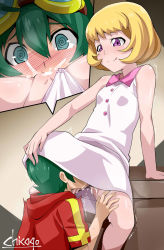  1boy 1girl :q @_@ arm_support bar_censor blonde_hair blush breasts censored chicago-x cunnilingus digimon digimon_universe:_appli_monsters dress female_ejaculation female_pov femdom flat_chest green_eyes green_hair head_under_skirt hetero highres holding_detached_head kashiki_ai kneeling loli oral pointless_censoring pov purple_eyes pussy pussy_juice pussy_juice_trail shinkai_haru short_hair shota sleeveless sleeveless_dress small_breasts tagme tongue tongue_out trembling upskirt  rating:Explicit score:263 user:awafu