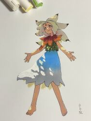  1girl art_tools_in_frame barefoot blue_dress closed_mouth commentary dappled_sunlight dress forehead_tattoo full_body green_dress highres houjuu_chimi leaf_clothing long_hair marker marker_(medium) shiratama_(hockey) signature sleeveless sleeveless_dress smile solo sunlight symbol-only_commentary touhou traditional_media white_hair 