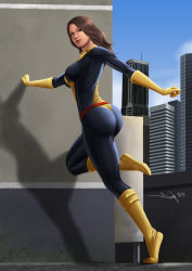  10s 1girl against_wall armpits ass belt bodysuit boots breasts brown_hair building city closed_mouth cloud crack dated day elbow_gloves female_focus from_side full_body gloves grey_hair iury_padilha kitty_pryde knee_boots kneepits leg_lift leg_up light_smile lips lipstick long_hair looking_at_viewer looking_back makeup marvel outdoors outstretched_arms realistic rooftop shadow shadowcat signature skin_tight sky skyscraper smile solo spread_arms standing standing_on_one_leg superhero_costume thighs through_wall tiptoes x-men yellow_boots yellow_gloves 