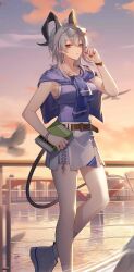  1girl absurdres alternate_costume black_horns blue_jacket blue_tank_top book bracelet breasts collarbone commentary_request contrapposto demon_tail earphones eyewear_on_head foot_out_of_frame highres holding holding_book horns jacket jacket_around_neck jewelry large_breasts mole mole_under_eye parted_lips red_eyes shoes single_earphone_removed socks solo standing sunset syka_ww tail tank_top white_hair white_shoes white_socks wuthering_waves zani_(wuthering_waves) 