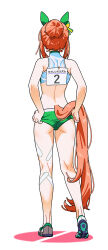  1girl adjusting_clothes alternate_hairstyle animal_ears ass bare_shoulders crop_top ear_covers from_behind full_body hair_bun heel_up highres horse_ears horse_girl horse_tail orange_hair pussy_bulge race_bib sarcophage shoes silence_suzuka_(umamusume) simple_background sneakers solo sportswear standing tail umamusume white_background 
