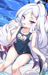  1girl absurdres ahoge black_halo blue_archive breasts covered_navel day demon_girl demon_horns demon_wings doku_yanagi from_above hair_ornament hairclip halo highres hina_(blue_archive) hina_(swimsuit)_(blue_archive) horns innertube loli long_hair looking_at_viewer low_wings ocean old_school_swimsuit on_innertube open_mouth outdoors purple_eyes school_swimsuit side_ponytail small_breasts solo swim_ring swimsuit thighs very_long_hair water whistle white_hair wings 
