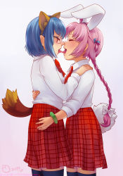  00s 2girls animal_ears blue_hair bracelet braid closed_eyes cowboy_shot dog_ears dog_tail fake_animal_ears flat_chest french_kiss glasses highres jewelry kemonomimi_mode kiss kokubunji_koyori long_hair long_skirt multiple_girls nakahara_komugi noses_touching nurse_witch_komugi-chan over-kneehighs pink_hair plaid_clothes plaid_skirt rabbit_ears rabbit_tail red_skirt roarke_(lavenderincubus) saliva school_uniform short_hair single_braid skirt soul_taker tail tatsunoko thighhighs tongue tongue_out yuri zettai_ryouiki 
