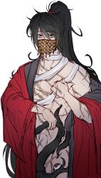 1boy absurdres bags_under_eyes bandaged_neck bandages bare_pectorals black_hair black_hanfu buoucat83689 chinese_clothes chinese_commentary coat coin coin_mask coin_on_string convenient_censoring covered_mouth creature dao_gui_yi_xian eyeball hair_between_eyes hanfu high_ponytail highres holding holding_bandages holding_creature holding_tentacle holed_coin li_huowang li_sui_(tentacles) long_hair looking_at_viewer loose_bandages male_focus mask messy_hair mouth_veil off_shoulder open_clothes open_coat open_robe partially_undressed pectorals ponytail red_coat red_eyes robe scar scar_on_arm scar_on_chest scar_on_hand scar_on_stomach simple_background single_bare_shoulder solo tentacles tentacles_on_male toned toned_male undressing veil very_long_hair white_background 