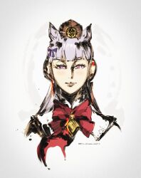  animal_ears blunt_bangs bow bowtie brown_hat cropped_shoulders ear_bow ear_covers ear_ornament ear_ribbon gold_ship_(umamusume) hat highres horse_ears horse_girl kubaushi pillbox_hat pink_eyes portrait red_bow red_bowtie signature solo umamusume white_background 