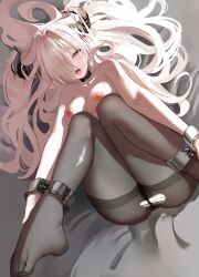 1girl absurdres ankle_cuffs asymmetrical_bangs bdsm black_choker black_panties black_pantyhose bondage bound bound_ankles bound_wrists breasts choker cleavage commentary_request demon_horns from_above full_body hair_over_one_eye hair_spread_out highres horns laneigu large_breasts legs long_bangs long_hair looking_at_viewer nipples no_bra no_shoes on_bed one_eye_covered open_mouth original panties pantyhose pink_eyes pointy_ears saliva saliva_trail solo teeth thighband_pantyhose tongue topless_female torn_clothes torn_pantyhose underwear upper_teeth_only very_long_hair wrist_cuffs wrists_to_ankles 