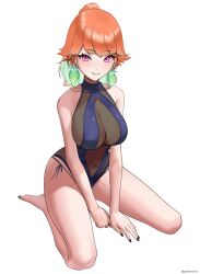  1girl absurdres bare_legs black_nails blue_one-piece_swimsuit breasts cleavage full_body gototo_touma gradient_hair green_hair grin high_ponytail highres hololive hololive_english kneeling large_breasts looking_at_viewer multicolored_hair official_alternate_costume one-piece_swimsuit orange_hair parted_lips perfume_(takanashi_kiara) ponytail purple_eyes simple_background smile solo swimsuit takanashi_kiara takanashi_kiara_(perfume) virtual_youtuber white_background 