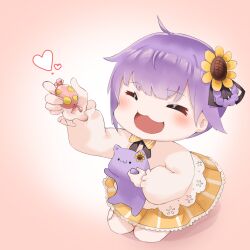  1girl absurdres blush closed_eyes flower hair_flower hair_ornament heart highres indie_virtual_youtuber kneeling open_mouth orange_skirt purple_hair reika_(otsuka_ray) shirt skirt snnaol solo striped_clothes striped_skirt stuffed_animal stuffed_toy sunflower virtual_youtuber white_shirt 