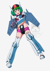  1girl absurdres black_helmet full_body green_hair helmet highres macross macross_frontier mecha_musume mechanical_wings ojipon pink_shorts ranka_lee red_eyes short_hair shorts simple_background smile solo thighhighs watermark white_background wings 