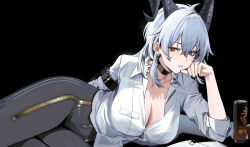  1girl arm_pouch black_background black_choker black_horns black_nails black_pants black_pouch breasts choker cleavage commentary curled_horns fingernails hair_between_eyes hievasp highres horns large_breasts long_hair looking_at_viewer lying nail_polish on_side pants parted_lips red_eyes shirt shirt_partially_tucked_in solo white_shirt wuthering_waves zani_(wuthering_waves) 