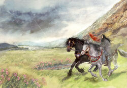  2boys black_hair black_horse bridle brothers cloud cloudy_sky commentary day english_commentary field flower grass grey_cloak horse horseback_riding landscape lomacchi long_hair maedhros maglor male_focus mountain mountainous_horizon multiple_boys outdoors painting_(medium) photoshop_(medium) pink_flower puddle rain raincloud red_hair riding siblings sky the_silmarillion tolkien&#039;s_legendarium traditional_media watercolor_(medium) wide_shot 