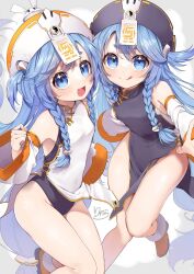  2girls bemani blue_eyes blue_hair braid breasts china_dress chinese_clothes detached_sleeves dress hat highres jiangshi multiple_girls near_(sound_voltex) noah_(sound_voltex) ryura_(negi-mamire) siblings small_breasts sound_voltex talisman thighs twin_braids twins 