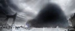  armor bird cloud cloudy_sky demon&#039;s_souls eldritch_abomination gargoyle helmet highres holding holding_weapon landscape monster official_art people planted ruins sky spirit starry_skin the_old_one weapon 