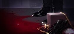  1boy black_gloves black_pants black_shoes blood blood_on_ground box dress dress_shoes feet foot_focus gift gift_box gloves highres library_of_ruina lower_body out_of_frame pants project_moon ranya_(artiraia) roland_(project_moon) shoes solo unworn_gloves wedding_dress 