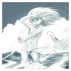  1girl bikini breasts cleft_of_venus glasses loli long_hair monochrome navel nipples nude nude_filter ocean outdoors perrine_h._clostermann pussy shiri_chin side-tie_bikini_bottom sky small_breasts solo strike_witches swimsuit third-party_edit unworn_eyewear wardrobe_malfunction world_witches_series 