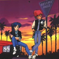  1980s_(style) 2girls axel_foley axel_foley_(cosplay) beverly_hills_cop beverly_hills_cop_ii blue_eyes blue_hair car cosplay dark-skinned_female dark_skin denim dirty_pair jeans kei_(dirty_pair) long_hair lowres motor_vehicle multiple_girls oldschool palm_tree pants parody red_hair retro_artstyle short_hair sunset tomboy tree yuri_(dirty_pair) 