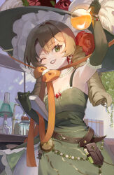  1girl alchemy alcohol_burner arm_up armpits belt_pouch blonde_hair book bow breasts chin_strap cleavage clock dress drill_hair earrings erlenmeyer_flask facing_viewer flask flower gloves green_dress green_eyes green_gloves green_hat grin hat hat_feather hat_flower highres holding holding_book holding_flask jewelry kuronuma_s large_hat long_hair looking_at_viewer looking_up medium_breasts necklace one_eye_closed orange_bow pearl_necklace potion pouch reverse:1999 round-bottom_flask sleeveless sleeveless_dress smile solo sotheby sun_hat tripod_(laboratory) twin_drills upper_body 