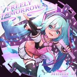  1girl aqua_eyes aqua_hair detached_sleeves fingerless_gloves freely_tomorrow_(vocaloid) gloves hatsune_miku hatsune_miku_(star_voice) headset highres long_hair looking_at_viewer necktie open_mouth project_diva_(series) project_diva_f skirt smile solo suzugame_lost thighhighs twintails very_long_hair vocaloid 