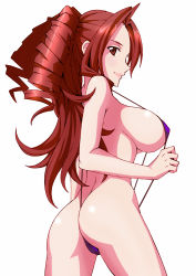  1girl ass breasts brown_eyes brown_hair butt_crack cameltoe drill_hair female_focus heroman large_breasts lipstick long_hair looking_back makeup sideboob slingshot_swimsuit smile solo strap_gap swimsuit takamura_wamu thighs vera_collins white_background  rating:Questionable score:97 user:danbooru