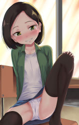 1girl black_thighhighs blush brown_hair chair collarbone female_focus grin gyahu highres knee_up loli looking_at_viewer on_chair open_clothes original panties shirt sitting skirt smile solo teeth thighhighs underwear white_panties white_shirt