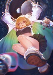  1girl absurdres animal_ears blonde_hair chromatic_aberration coat commentary crop_top cropped_shirt earth_(planet) eimi_isami english_commentary eyelashes falling floating_clothes floating_hair glasses grey_shirt grey_skirt hair_ornament hairclip hamster hamster_ears hamster_girl helmet highres lab_coat legs long_hair midriff_peek moon motion_blur no_nose open_clothes open_coat paperclip parted_lips phase_connect planet pleated_skirt red_eyes red_lips round_eyewear science_fiction shirt shoes skirt sleeveless sleeveless_shirt sneakers socks solo space space_helmet spacecraft spacecraft_interior teeth teonanix triangle_hair_ornament upper_teeth_only virtual_youtuber white_coat white_shoes white_socks x_hair_ornament 