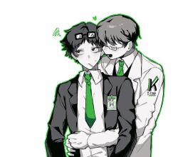  2boys black_coat closed_eyes coat collared_shirt commentary_request dongrang_(project_moon) eyewear_on_head glasses green_necktie green_outline grey_hair grin highres hug hug_from_behind id_card korean_commentary limbus_company lollipop_in_mouth multiple_boys necktie outline partially_colored project_moon red_hong00 rolling_eyes samjo_(project_moon) shirt simple_background smile upper_body white_background white_coat white_shirt yaoi 