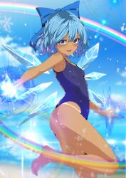  1girl beach blue_bow blue_eyes blue_hair blue_sky bow cirno detached_wings fairy hair_bow highres ice ice_wings kitaura_kasumi leg_up lens_flare looking_at_viewer rainbow sky smile snowflakes solo swimsuit tan tanline touhou v-shaped_eyebrows water_drop wings 